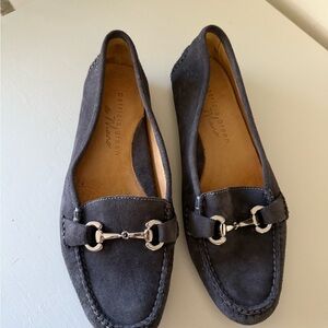Patricia Green Dark Gray Suede Loafers with Metallic Accents